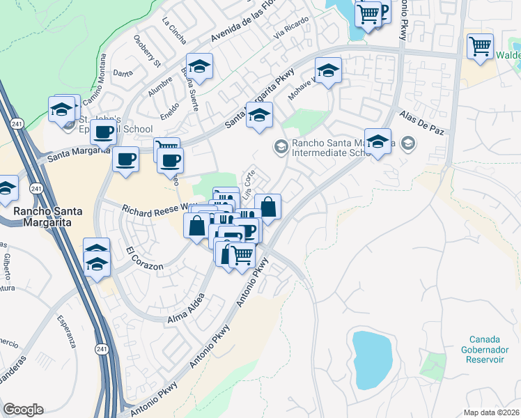 map of restaurants, bars, coffee shops, grocery stores, and more near 43 Vía Pamplona in Rancho Santa Margarita
