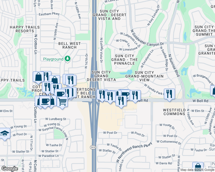 map of restaurants, bars, coffee shops, grocery stores, and more near 16524 West Sandia Park Drive in Surprise