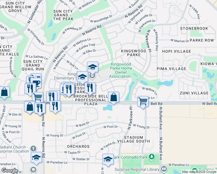 map of restaurants, bars, coffee shops, grocery stores, and more near 15028 West Bottle Tree Avenue in Surprise