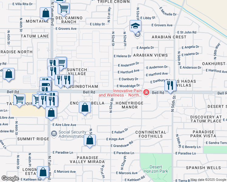 map of restaurants, bars, coffee shops, grocery stores, and more near E Bell Rd & N 52nd St in Scottsdale