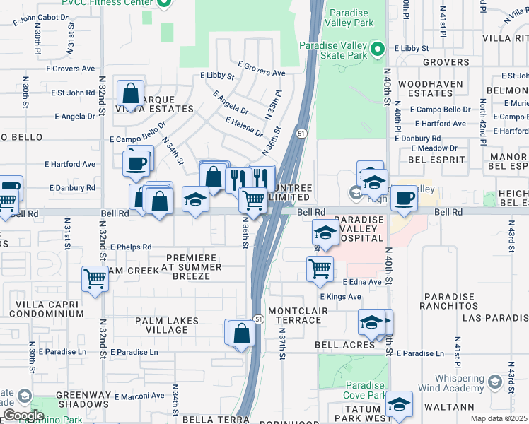 map of restaurants, bars, coffee shops, grocery stores, and more near 3649 Bell Road in Phoenix