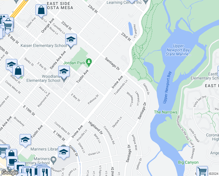 map of restaurants, bars, coffee shops, grocery stores, and more near 2200 Francisco Drive in Newport Beach