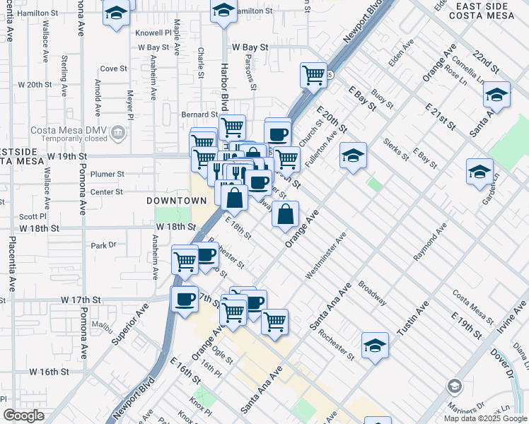 map of restaurants, bars, coffee shops, grocery stores, and more near 1833 Fullerton Avenue in Costa Mesa
