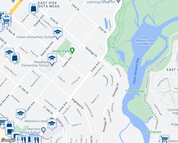 map of restaurants, bars, coffee shops, grocery stores, and more near 2200 Francisco Drive in Newport Beach