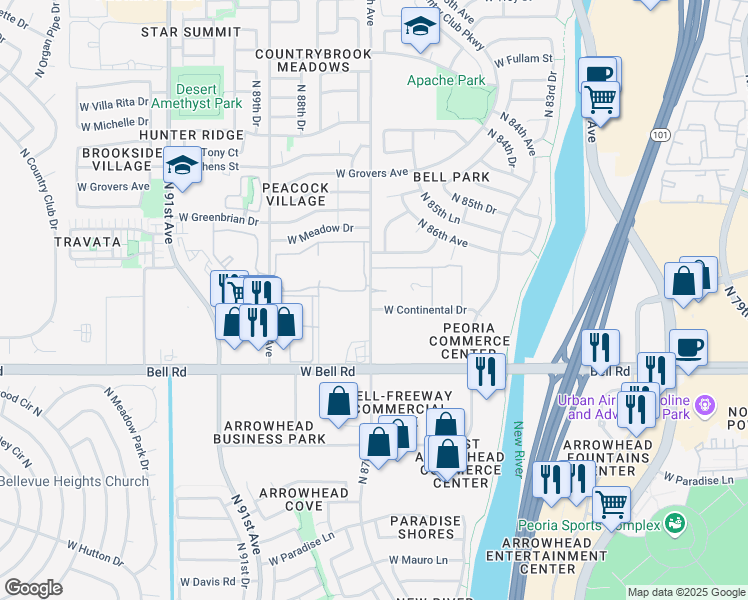 map of restaurants, bars, coffee shops, grocery stores, and more near 17270 North 87th Avenue in Peoria