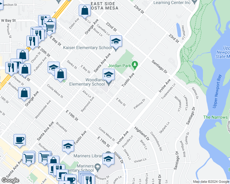 map of restaurants, bars, coffee shops, grocery stores, and more near 2045 Tustin Avenue in Costa Mesa