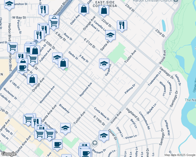 map of restaurants, bars, coffee shops, grocery stores, and more near 359 Woodland Place in Costa Mesa