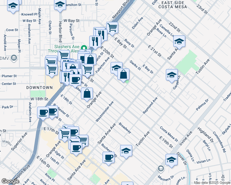 map of restaurants, bars, coffee shops, grocery stores, and more near 226 East 19th Street in Costa Mesa