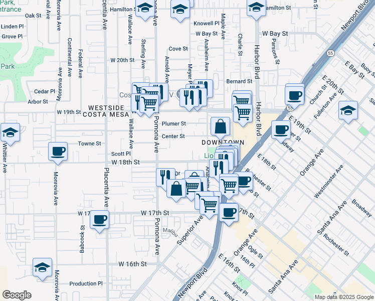 map of restaurants, bars, coffee shops, grocery stores, and more near 650 West 18th Street in Costa Mesa