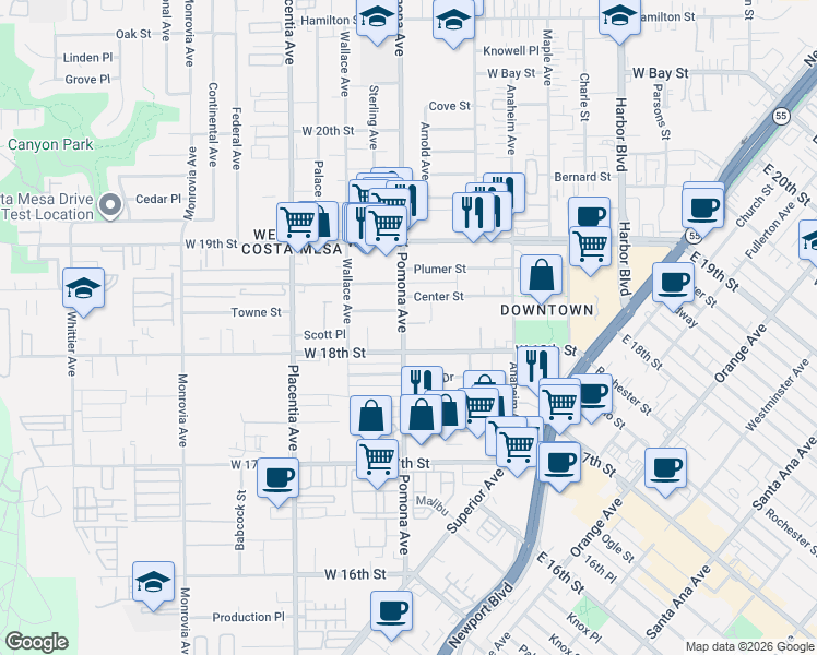 map of restaurants, bars, coffee shops, grocery stores, and more near 1818 Pomona Avenue in Costa Mesa