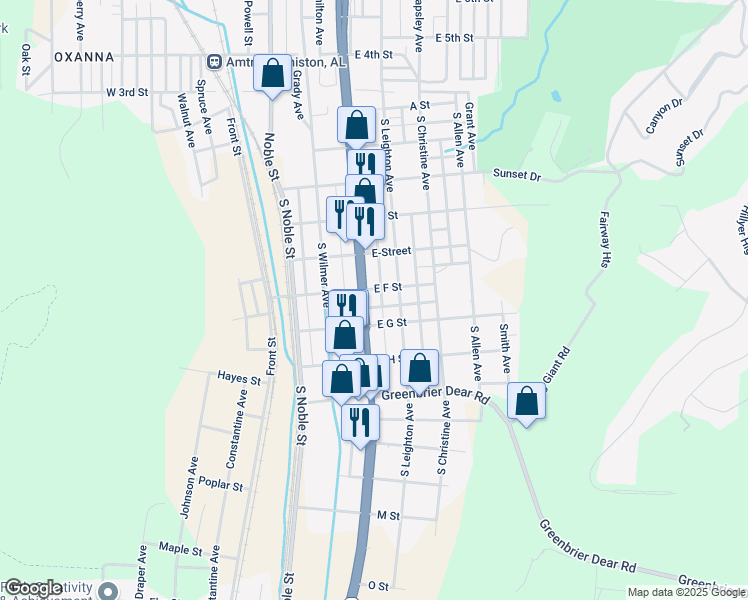map of restaurants, bars, coffee shops, grocery stores, and more near 501 South Quintard Avenue in Anniston