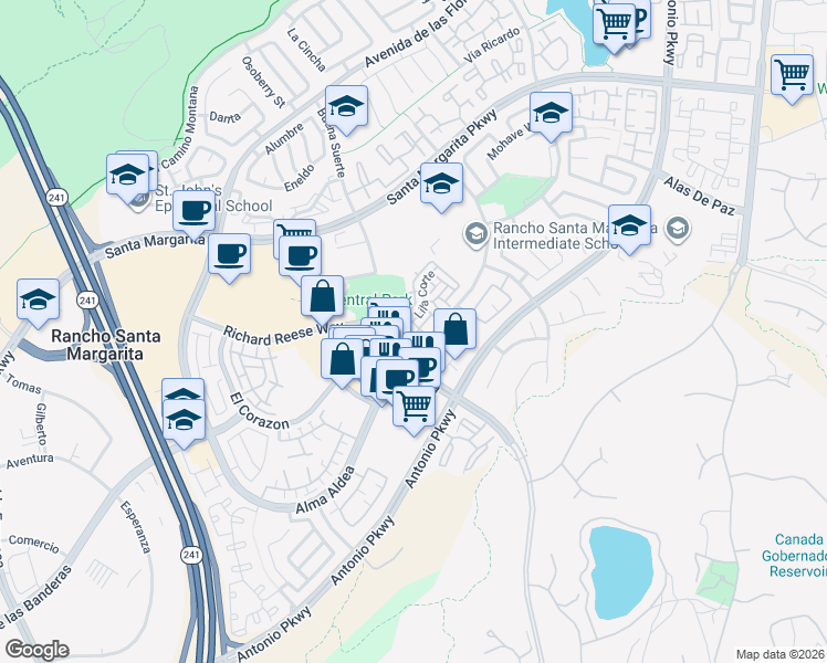 map of restaurants, bars, coffee shops, grocery stores, and more near 2 Paseo Acebo in Rancho Santa Margarita