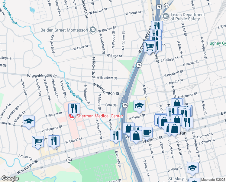 map of restaurants, bars, coffee shops, grocery stores, and more near 721 West Washington Street in Sherman