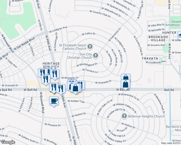 map of restaurants, bars, coffee shops, grocery stores, and more near 9719 W Terrace Ln in Sun City
