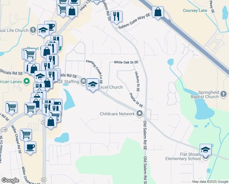 map of restaurants, bars, coffee shops, grocery stores, and more near 1299 White Oak Court Southeast in Conyers