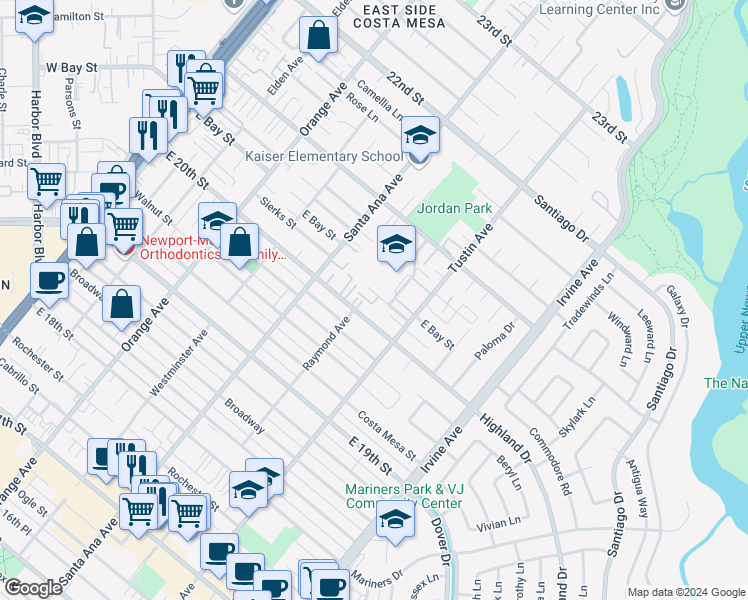 map of restaurants, bars, coffee shops, grocery stores, and more near 359 Woodland Place in Costa Mesa