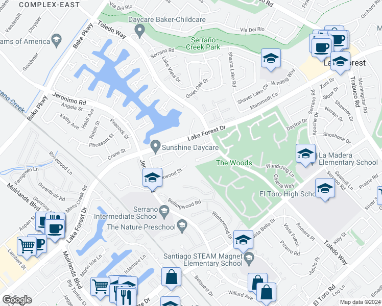 map of restaurants, bars, coffee shops, grocery stores, and more near 22202 Tama Drive in Lake Forest