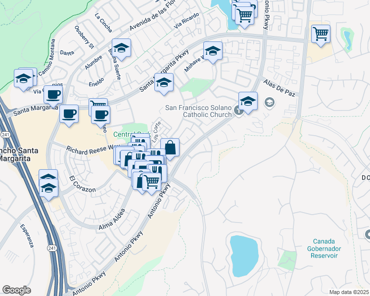 map of restaurants, bars, coffee shops, grocery stores, and more near 84 Via Prado in Rancho Santa Margarita