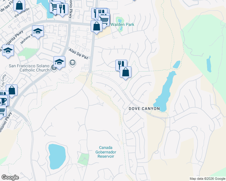 map of restaurants, bars, coffee shops, grocery stores, and more near 2 Snowdon in Rancho Santa Margarita