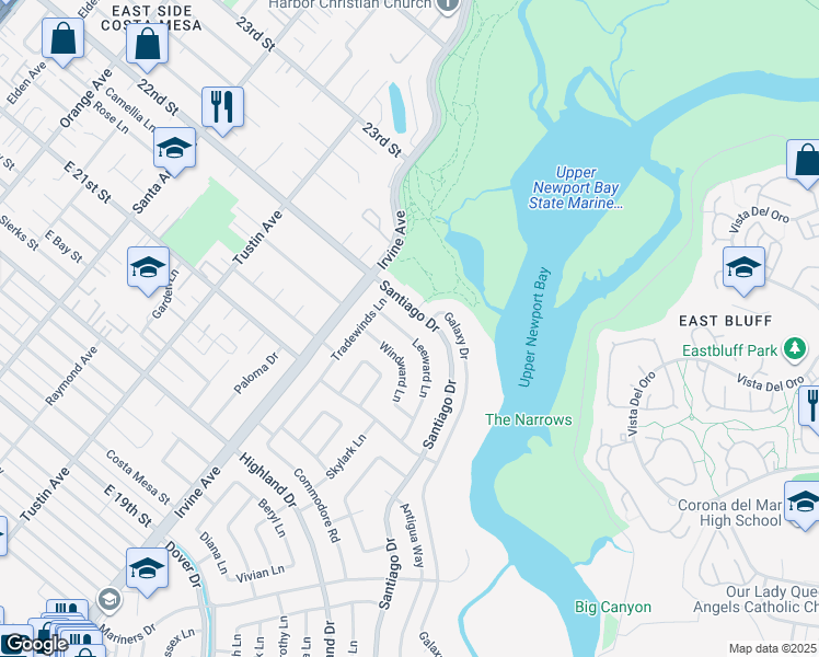 map of restaurants, bars, coffee shops, grocery stores, and more near 2030 Leeward Lane in Newport Beach