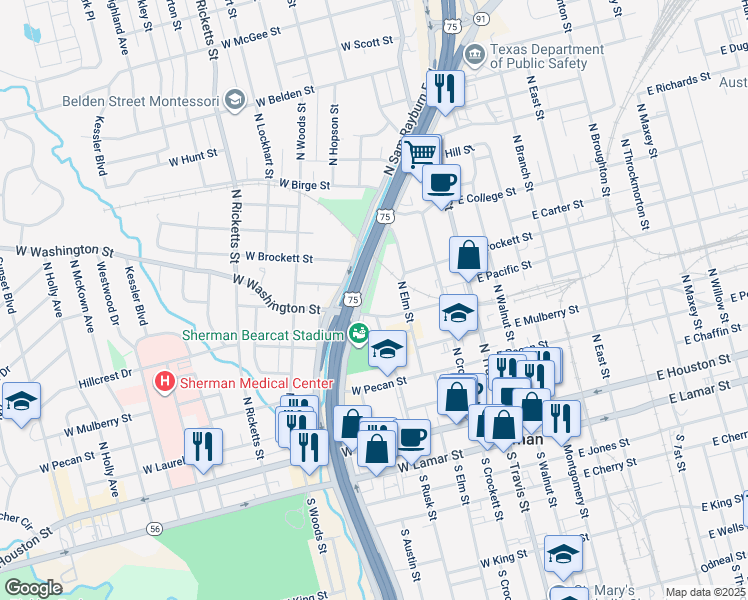 map of restaurants, bars, coffee shops, grocery stores, and more near 405 West Washington Street in Sherman