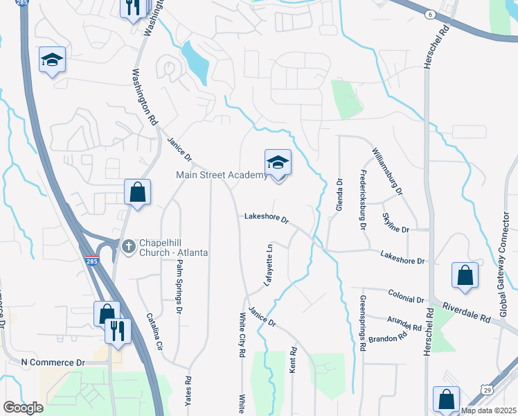 map of restaurants, bars, coffee shops, grocery stores, and more near 2883 Lakeshore Drive in Atlanta