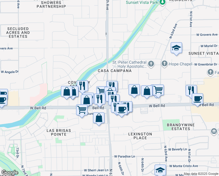 map of restaurants, bars, coffee shops, grocery stores, and more near 6674 West Camino San Xavier in Glendale