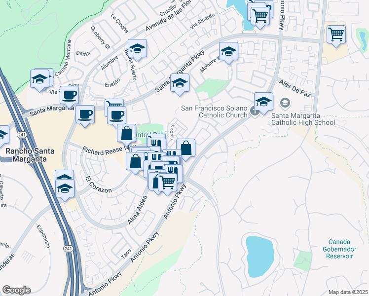 map of restaurants, bars, coffee shops, grocery stores, and more near 29 Vía Pamplona in Rancho Santa Margarita