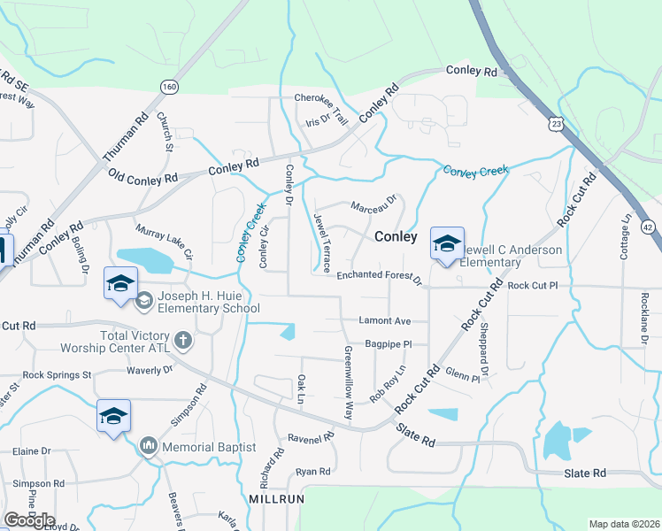 map of restaurants, bars, coffee shops, grocery stores, and more near 1546 Enchanted Forest Drive in Conley