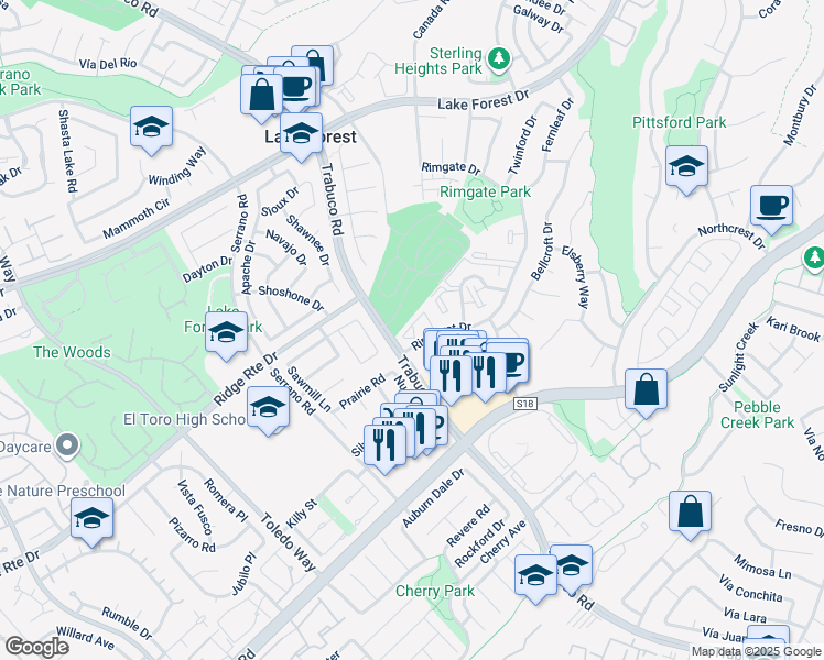 map of restaurants, bars, coffee shops, grocery stores, and more near 22159 Rimhurst Drive in Lake Forest