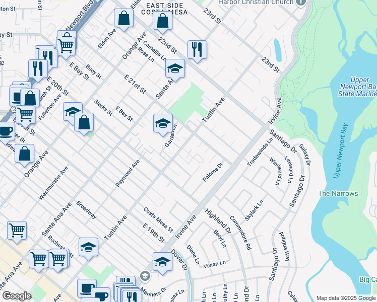 map of restaurants, bars, coffee shops, grocery stores, and more near 2071 Churchill Court in Newport Beach