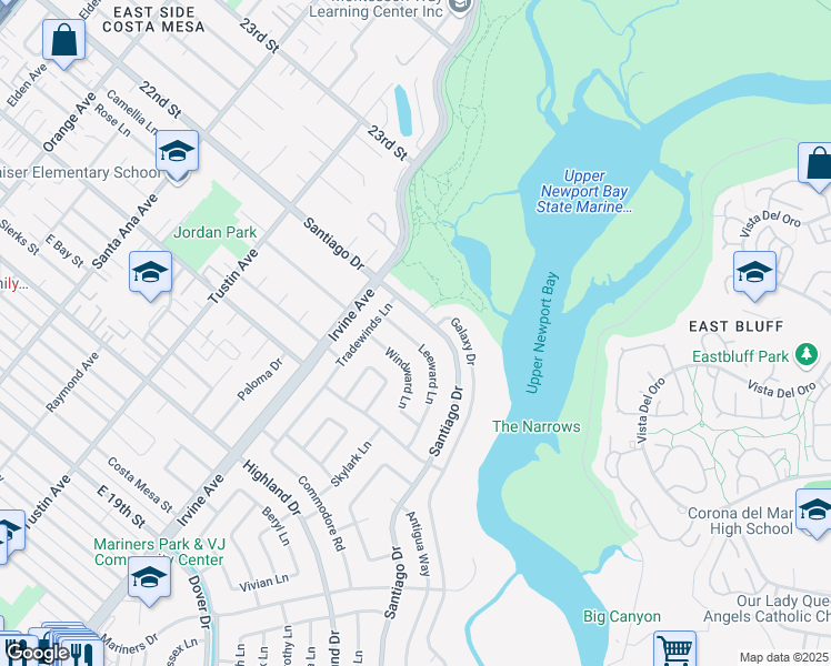 map of restaurants, bars, coffee shops, grocery stores, and more near 2030 Leeward Lane in Newport Beach