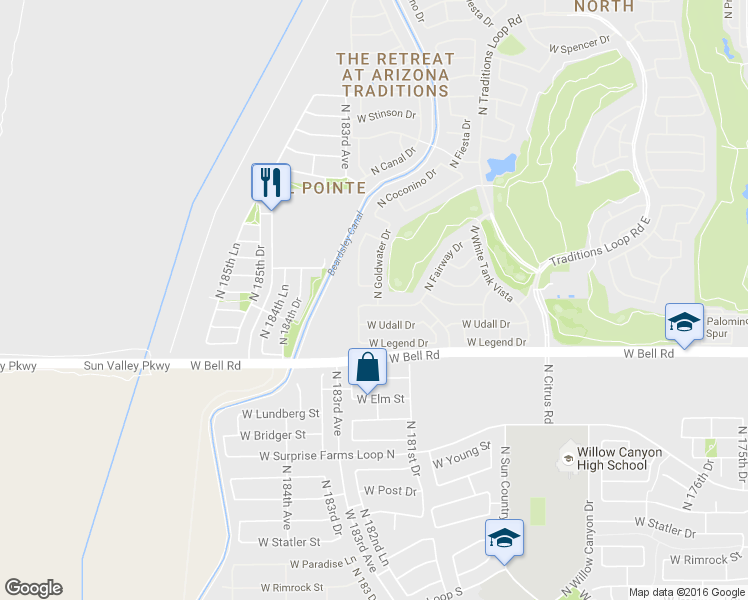 map of restaurants, bars, coffee shops, grocery stores, and more near 18068 West Fairway Drive in Surprise