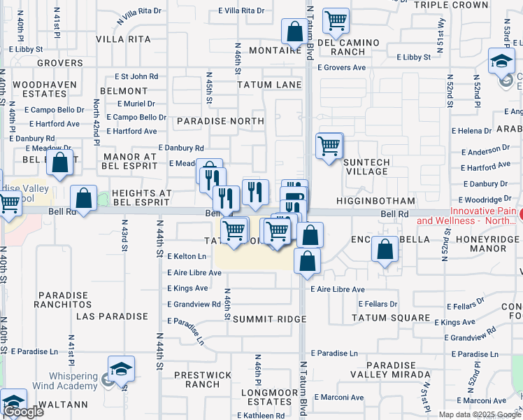 map of restaurants, bars, coffee shops, grocery stores, and more near E Bell Rd & N 47th St in Phoenix