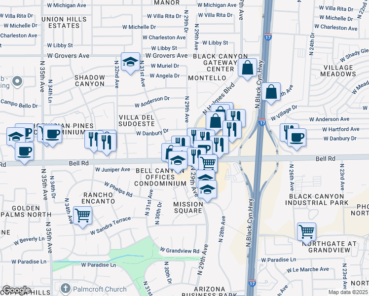 map of restaurants, bars, coffee shops, grocery stores, and more near 2908 West Woodridge Drive in Phoenix