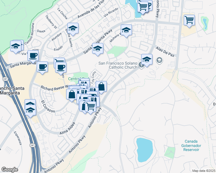 map of restaurants, bars, coffee shops, grocery stores, and more near 68 Via Terrano in Rancho Santa Margarita