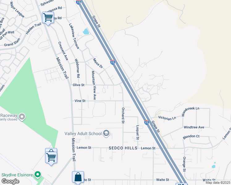 map of restaurants, bars, coffee shops, grocery stores, and more near 33050 Mesa Drive in Lake Elsinore