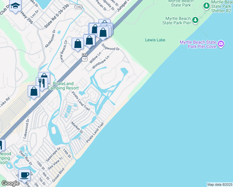 map of restaurants, bars, coffee shops, grocery stores, and more near 5004 South Ocean Boulevard in Surfside Beach