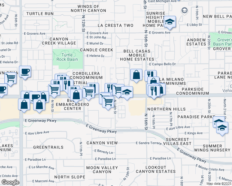 map of restaurants, bars, coffee shops, grocery stores, and more near 1450 East Bell Road in Phoenix