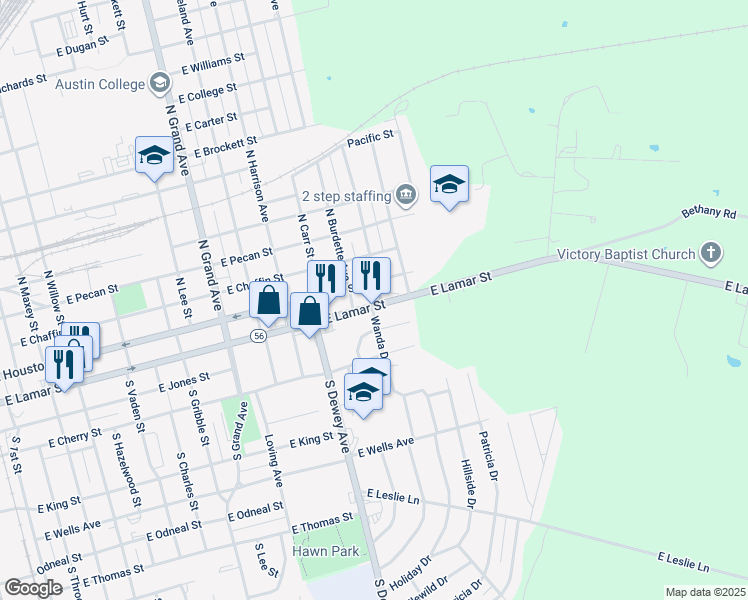 map of restaurants, bars, coffee shops, grocery stores, and more near 1911 East Lamar Street in Sherman