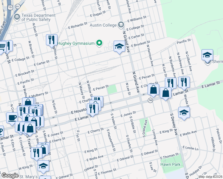 map of restaurants, bars, coffee shops, grocery stores, and more near 1100 East Pecan Street in Sherman