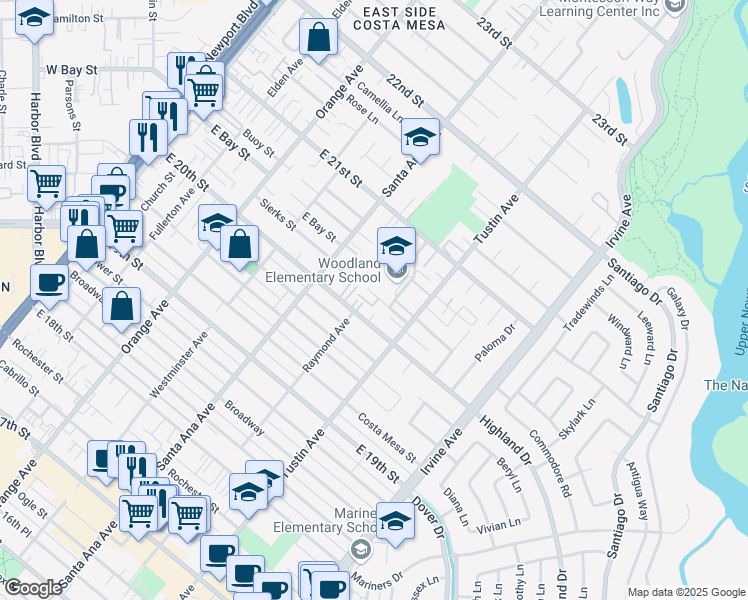 map of restaurants, bars, coffee shops, grocery stores, and more near 359 Woodland Place in Costa Mesa