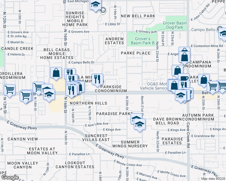 map of restaurants, bars, coffee shops, grocery stores, and more near 1920 East Bell Road in Phoenix