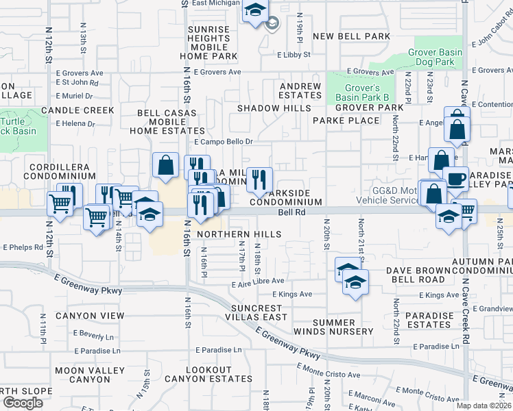 map of restaurants, bars, coffee shops, grocery stores, and more near in Phoenix