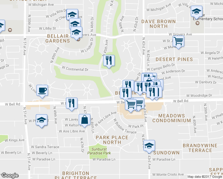 map of restaurants, bars, coffee shops, grocery stores, and more near 4443 West Keating Circle in Glendale