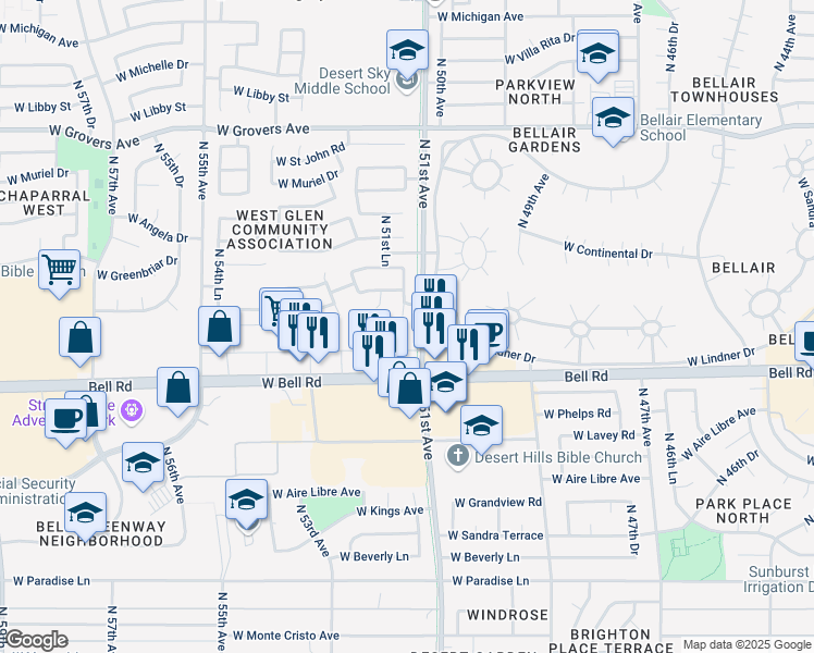 map of restaurants, bars, coffee shops, grocery stores, and more near 17188 North 51st Drive in Glendale