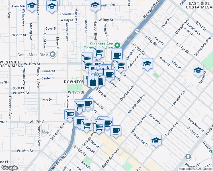 map of restaurants, bars, coffee shops, grocery stores, and more near 114 Magnolia Street in Costa Mesa