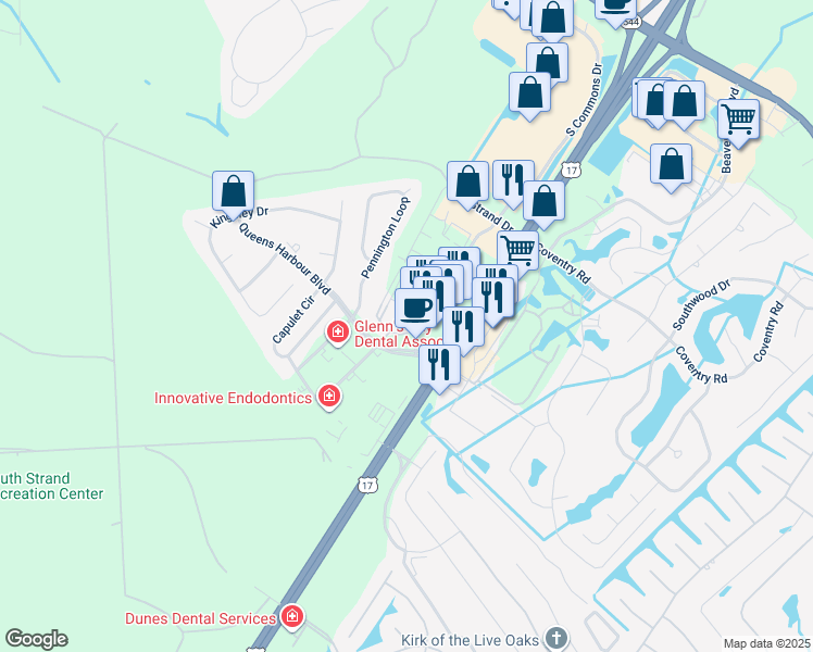 map of restaurants, bars, coffee shops, grocery stores, and more near 100 Ella Kinley Circle in Myrtle Beach