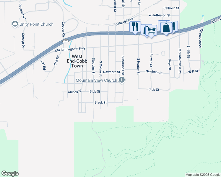 map of restaurants, bars, coffee shops, grocery stores, and more near 630 South Ledbetter Street in Anniston