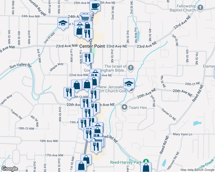 map of restaurants, bars, coffee shops, grocery stores, and more near 102 21st Avenue Northeast in Center Point